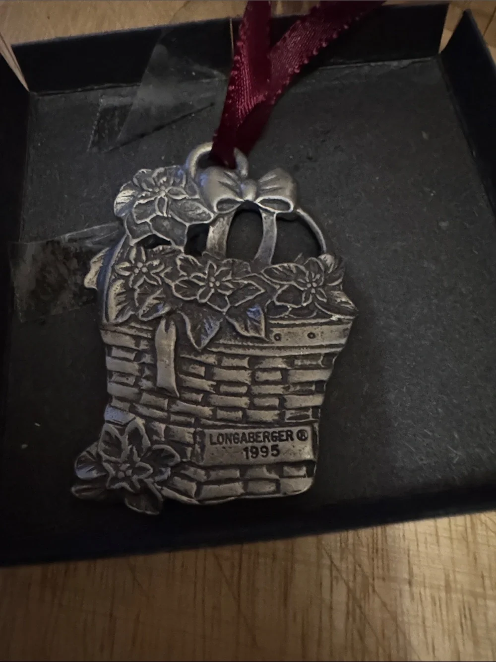Longaberger Silver Basket Poinsettia Ornament with Burgundy Ribbon